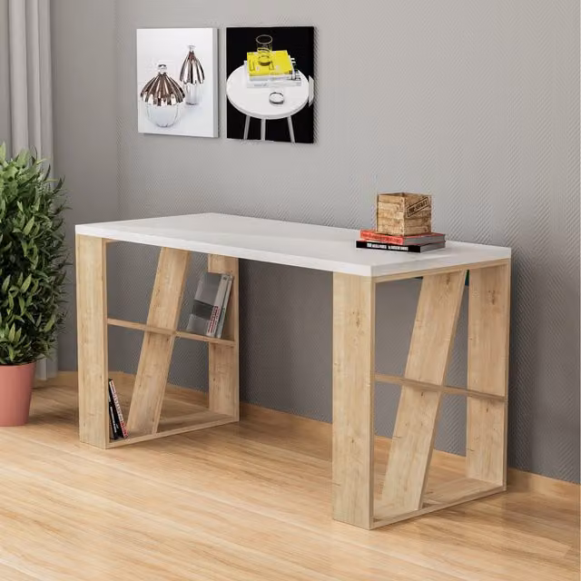 Decortie Modern Oak Writing Desk with Bookshelf Legs