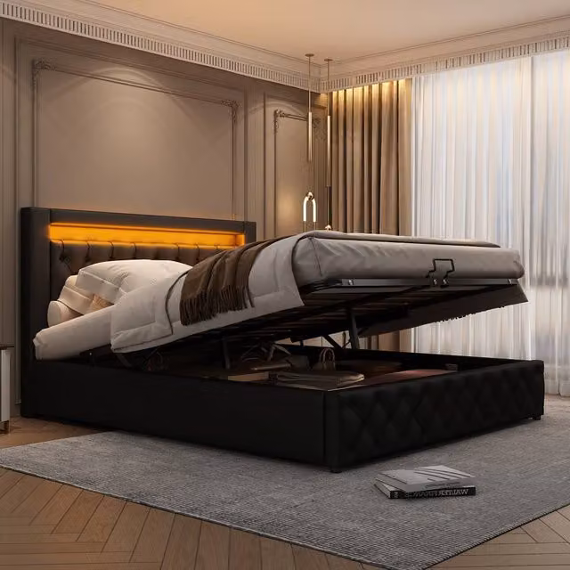 BTM Black PU Upholstered Double Bed with LED Under-Bed Lighting and Lift-Up Storage W/D/H: 135 x 190 x 39 cm