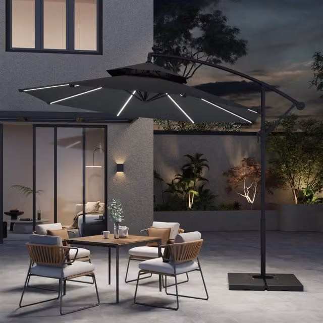 Breeins 3m Cantilever Parasol with Lights and Fillable Square Base in Dark Grey