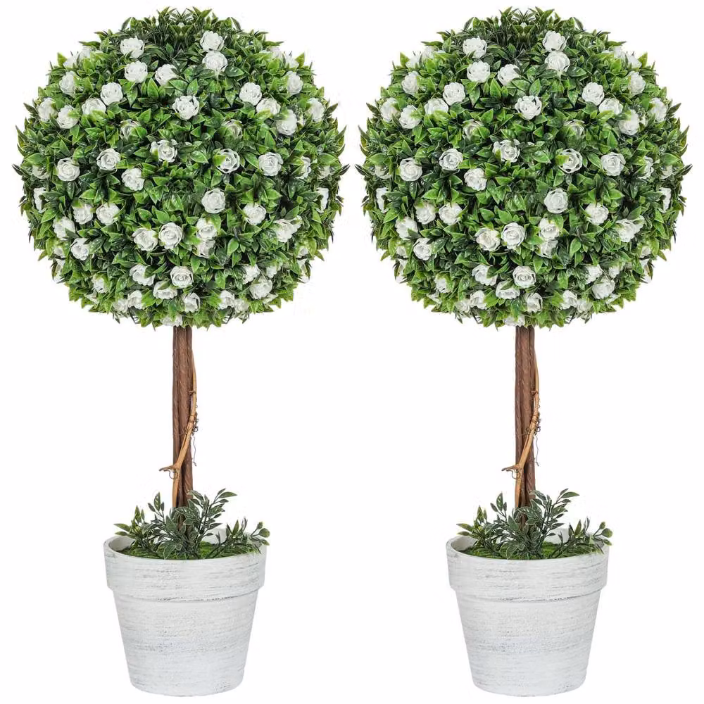 Wyld Haus Rahafi Set of 2 White Artificial Rose Topiary Ball Trees in Pots, H 60 cm x W 27 cm x D 27 cm – 2