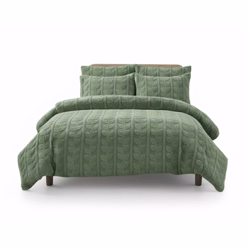 Snug City Ultra Soft Teddy Fleece Duvet Cover and Pillowcase Set with Embossed Leaves, Green, Single, 90 x 200 cm – 2