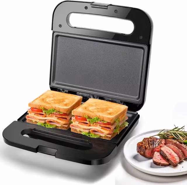 Aigostar Sandwich Toaster with Flat Plate and Cable Storage, Black
