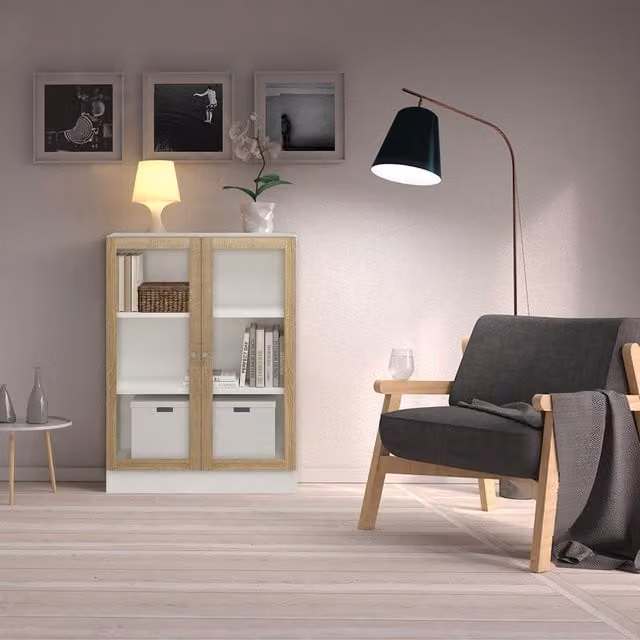 Furniture To Go Basic Low Wide Display Cabinet in Oak with 2 Glass Doors and 2 Internal Shelves