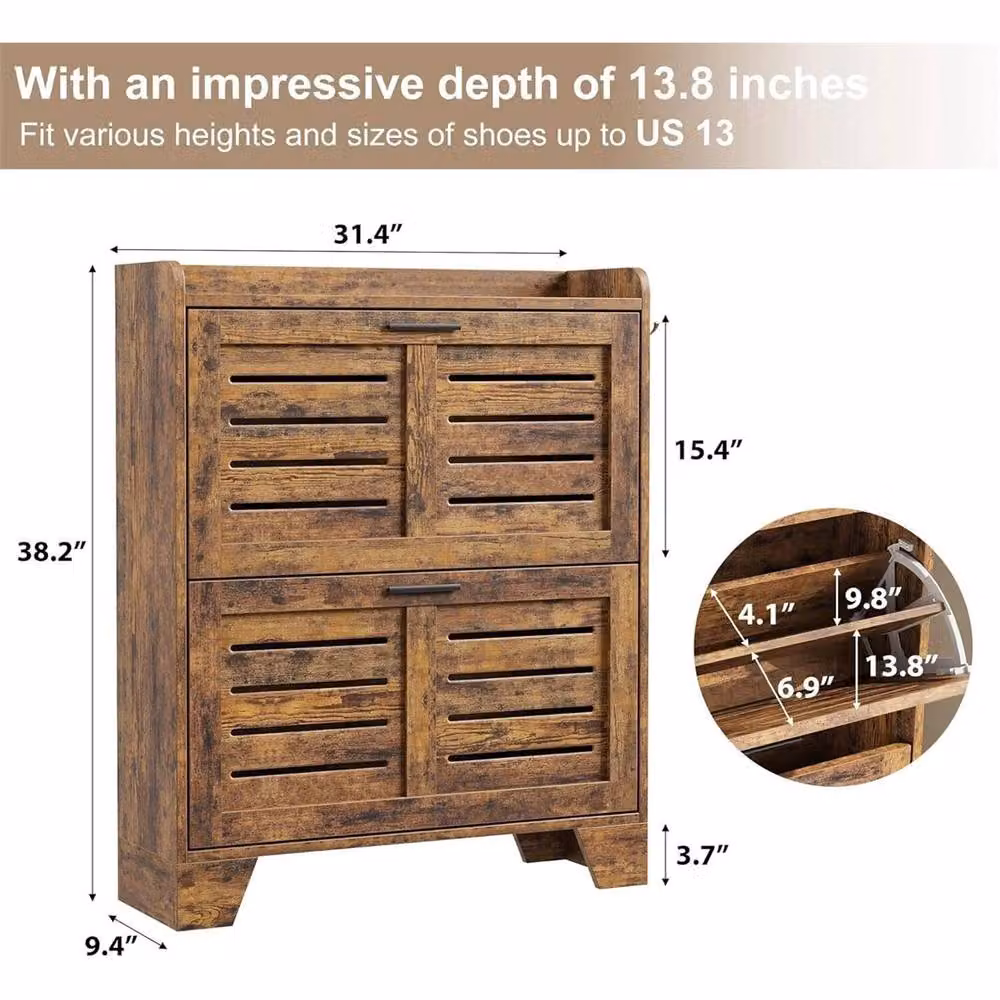 VOGREX Narrow Brown Wooden Shoe Cabinet with Tilting Compartments and Internal Shelves – 2