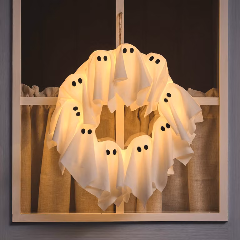 Lights4fun LED Ghost Outdoor Halloween Wreath in Black and White, Diameter: 32 cm