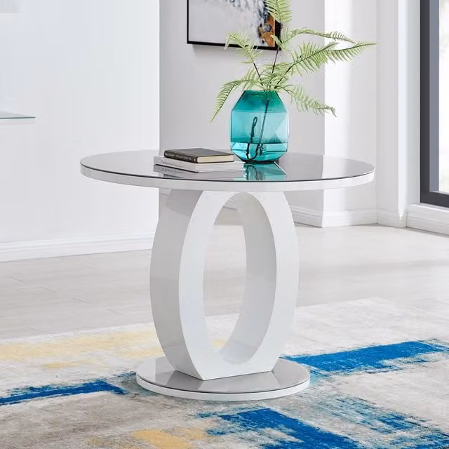 FurnitureboxUK Giovani 100cm Round 4-Seater High Gloss and Glass Dining Table in Grey and White