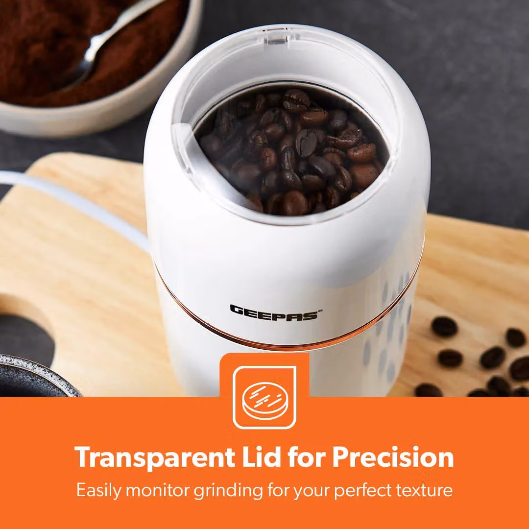 Geepas 200W Coffee and Spice Grinder with Stainless Steel Blades, 80g Capacity, White – 6