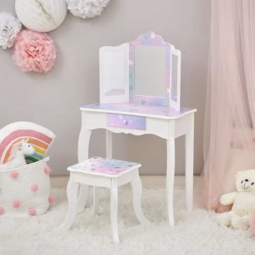 Teamson Kids Fantasy Fields Gisele Starry Sky Kids Vanity Table and Stool Set in White – 2