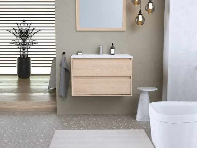 Vente-unique Suspended Bathroom Furniture Set with Built-In Basin and Mirror in Light Oak Veneer – 1