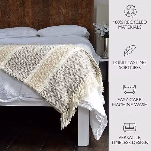 Allure Home Fashions Luxury Chenille Herringbone Throw Blanket with Chevron Design and Tasselled Fringe, Beige, W: 125 cm, D: 150 cm – 3