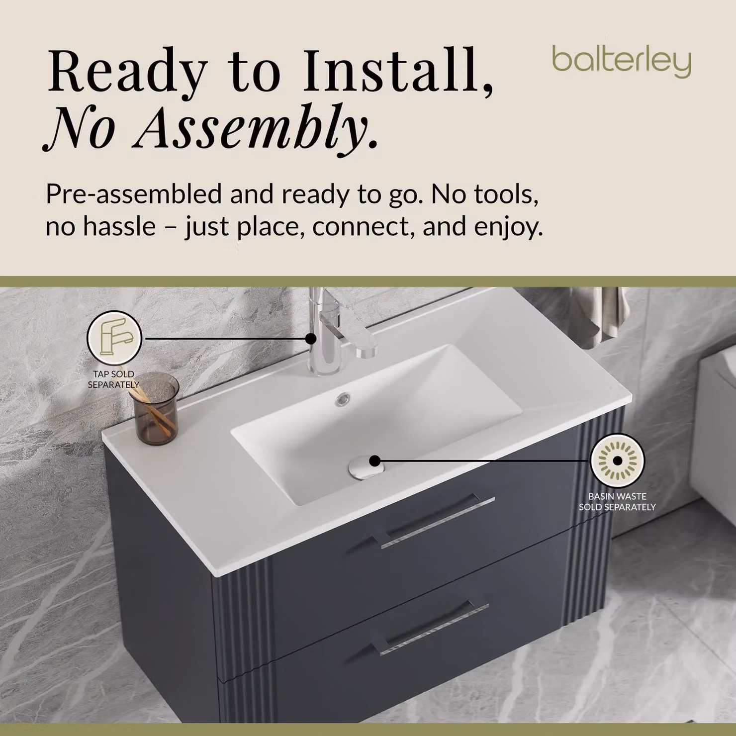 Balterley Wall Hung 2 Drawer Vanity Unit with Minimalist Vitreous China Basin, Dark Grey, Width: 80 cm – 4