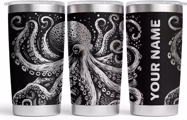 Bad Zebedee Personalised Octopus Engraved Thermal Tumbler in Black, 500ml – 1