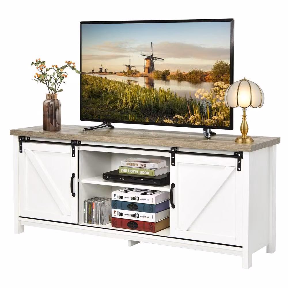 Costway Modern White Wooden TV Cabinet and Media Storage Organiser Stand for 60-Inch TVs – 4
