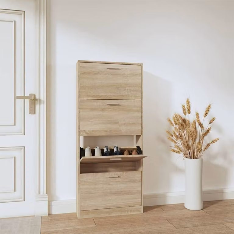 Berkfield Home Oak Shoe Cabinet in Light Tan, W/D/H: 59 x 17 x 150 cm