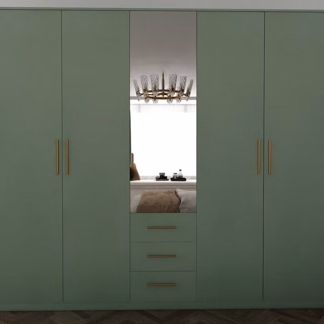 TJS Modern Green 5 Door 3 Drawer Wardrobe with Mirror and Internal Shelving