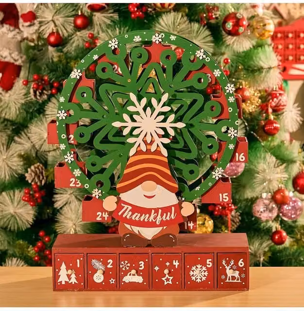 Living and Home Wooden Ferris Wheel Christmas Advent Calendar with Base in Red – 1