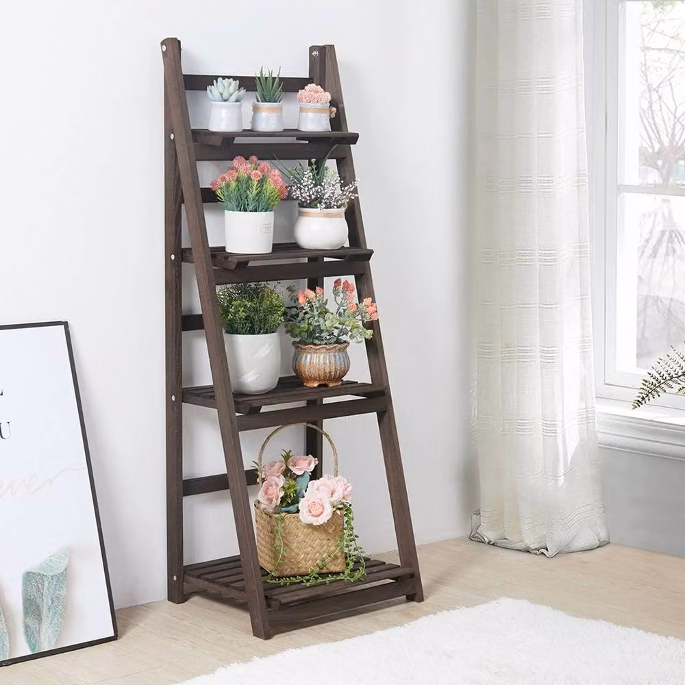 NESTLUNE Brown Wood Foldable Ladder Plant Stand, H 100 cm x W 15 cm x D 15 cm – 3