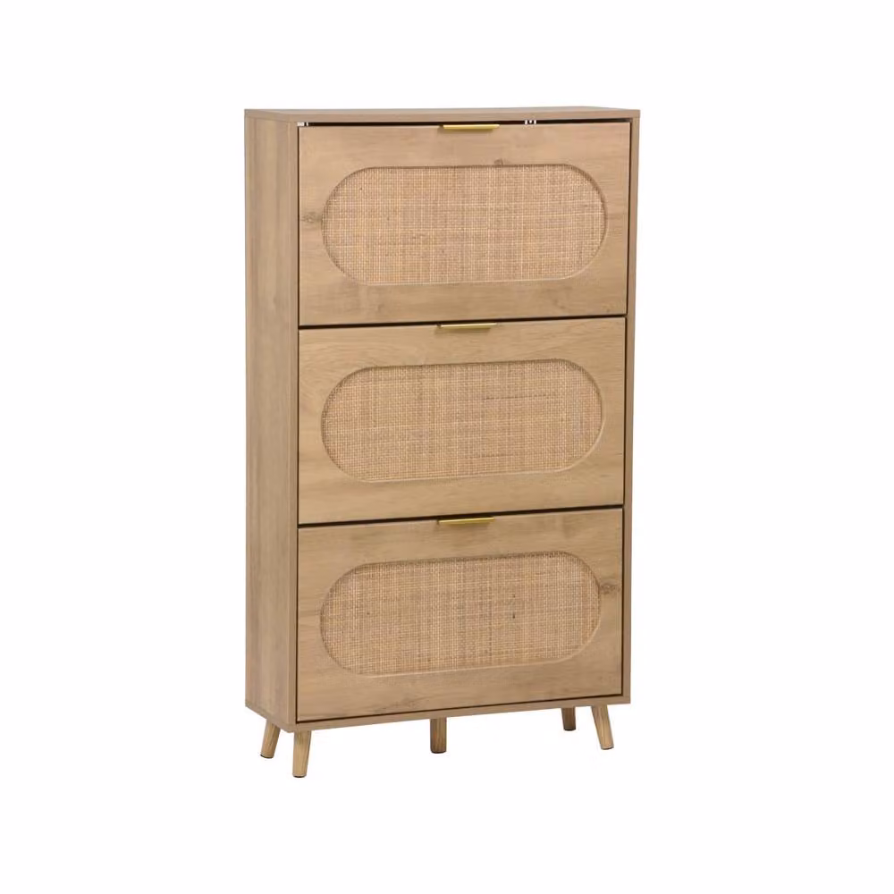 sweeek Boho Wood and Cane Shoe Cabinet in Beige with 3 Drawers and Hinged Doors, W/D/H: 75 x 26 x 131 cm – 2