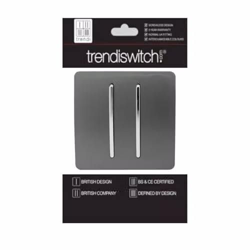 Trendi 2 Gang 2 Way 10 Amp Screwless Raised Front Plate Electrical Wall Light Switch in Charcoal Grey Plastic with Chrome Rocker – 2
