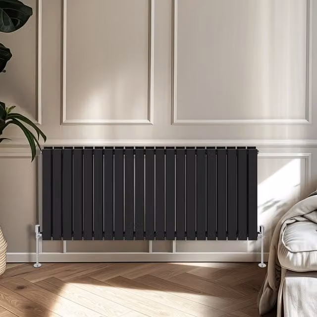 Right Radiators Double Panel Flat Panel Horizontal Radiator in Black, Height: 60 cm, Width: 142.8 cm