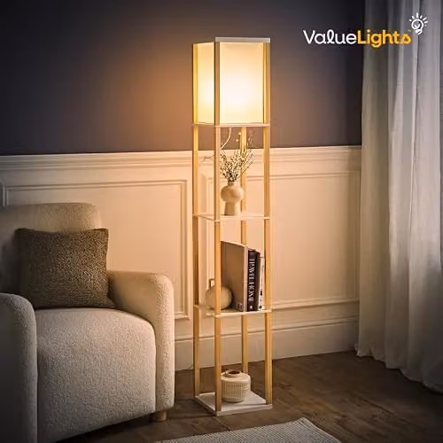 MiniSun Oak Wooden Floor Lamp with Shelves and White Fabric Shade in Brown – 2