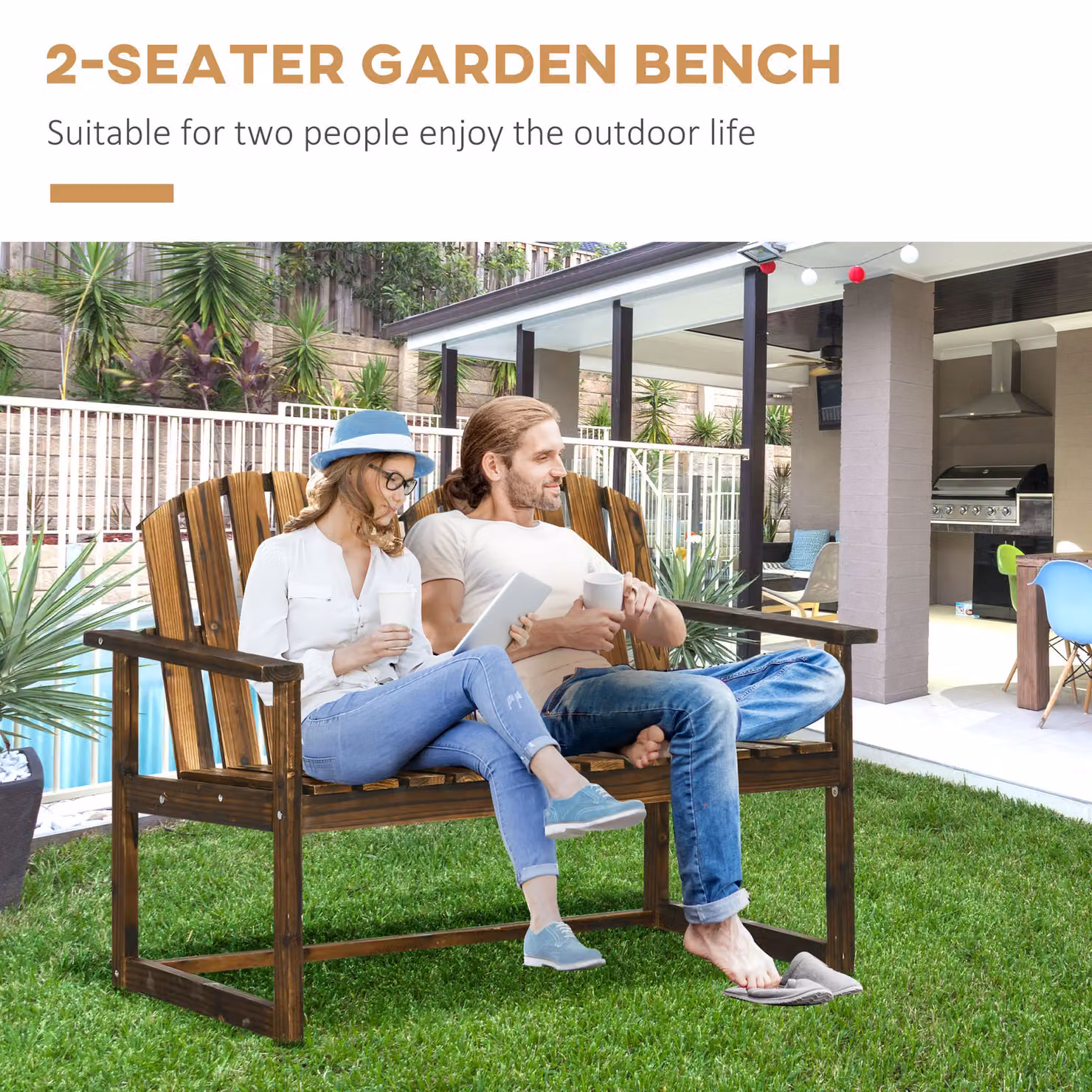 Outsunny Two Seater Wooden Garden Bench in Brown Rustic Finish – 5