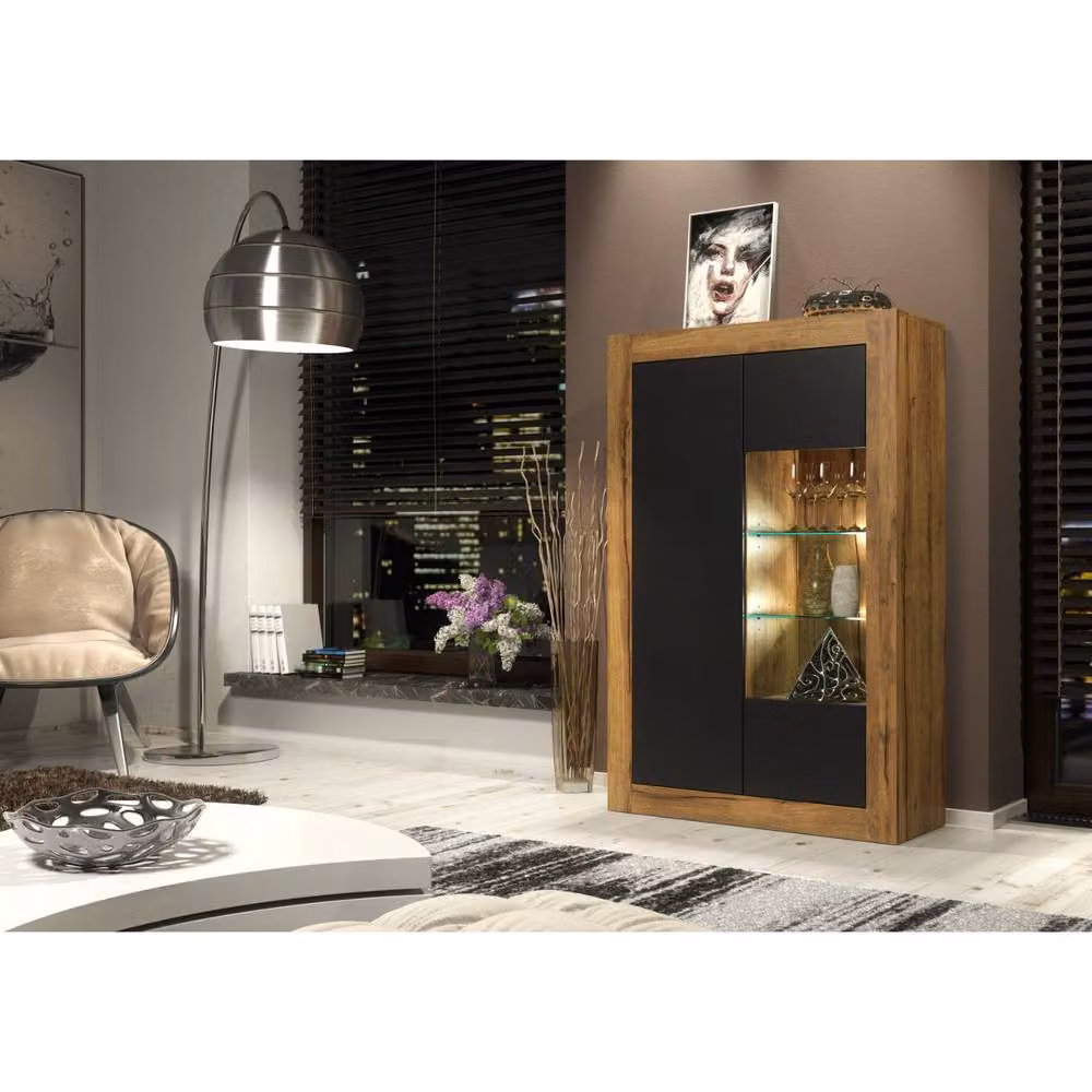 Mex Furniture LTD Arcadia Display Cabinet in Dark Oak and Black Matt with Integrated LED Lighting, W: 140 cm, H: 93 cm, D: 35 cm – 2