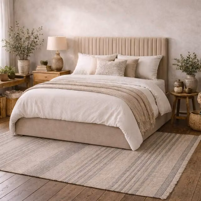 Wyld Haus Dublin King Ottoman Bed in Beige Velvet with Tall Ribbed Headboard, W/D/H: 180 x 200 x 152.4 cm – 1