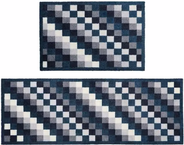 JVL Pixels Mega Mat and Runner Set, Multicolour (Black, Grey, Blue)