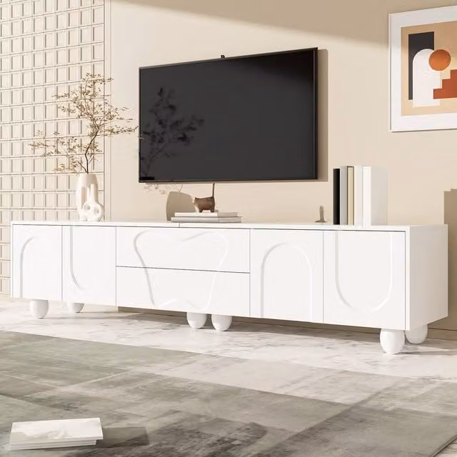 Merax White Modern TV Lowboard with Curved Doors, Drawers and Solid Wood Legs, W/D/H: 180 x 40 x 42 cm – 1