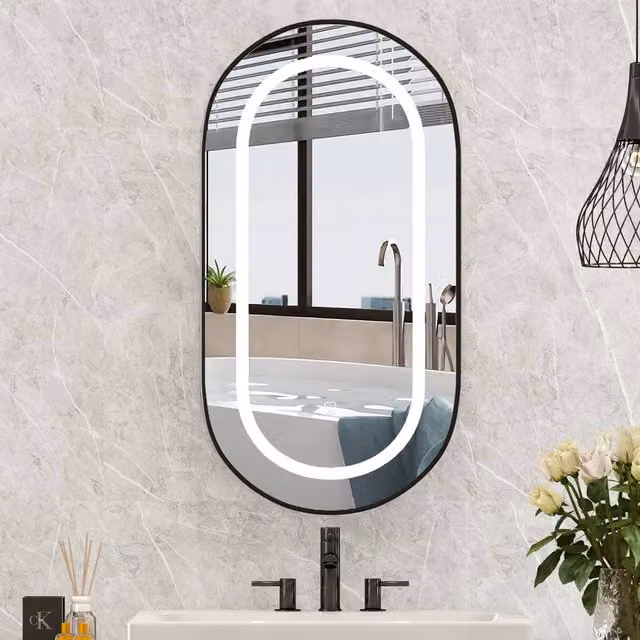 KEEPREAPER Modern Black Wall Mounted LED Bathroom Mirror Cabinet with Sensor Switch, W: 42 cm, H: 80 cm – 1