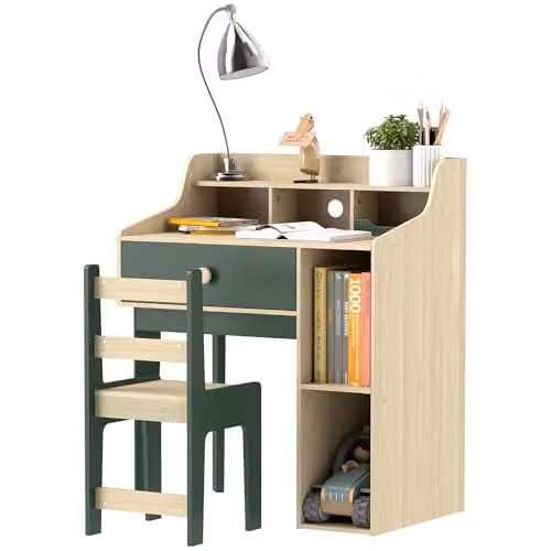 AIYAPLAY Kids Desk and Chair Set with Storage Shelves and Drawer, Green – 1