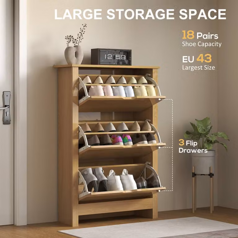 HOMCOM Modern Freestanding 18-Shoe Storage Cabinet with 6 Shelves and 3 Drawers in Sand