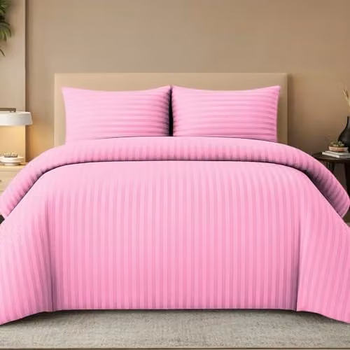 Pamposh Pink Satin Stripe Single Duvet Cover and Pillowcase Set, Microfibre Bedding, W/D/H: 135 x 200 cm and 50 x 75 cm