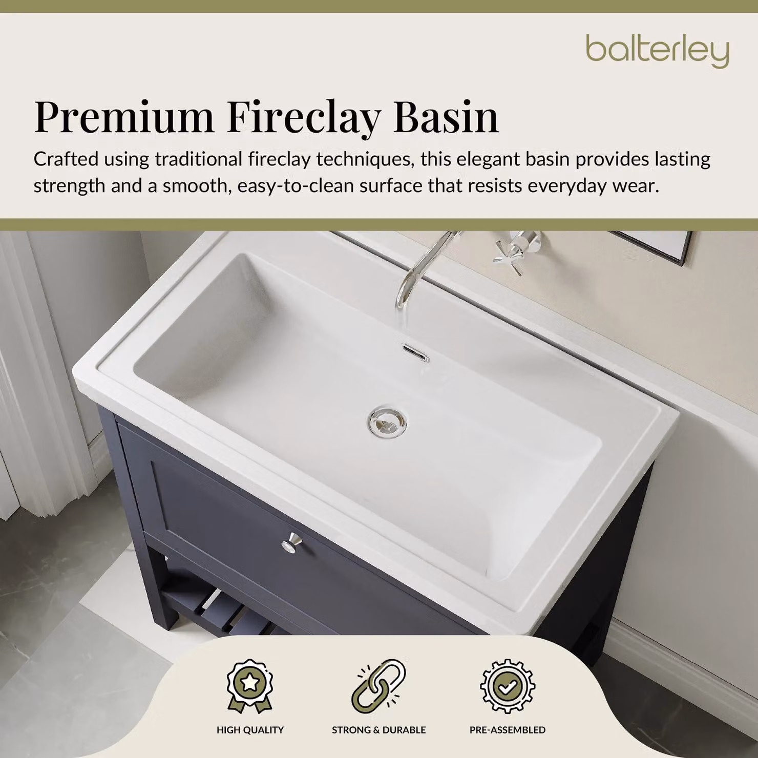 Balterley Freestanding Bathroom Vanity Unit with Basin and Open Shelf, Blue or Grey, W: 80 cm, D: 47 cm, H: 46.5 cm – 3