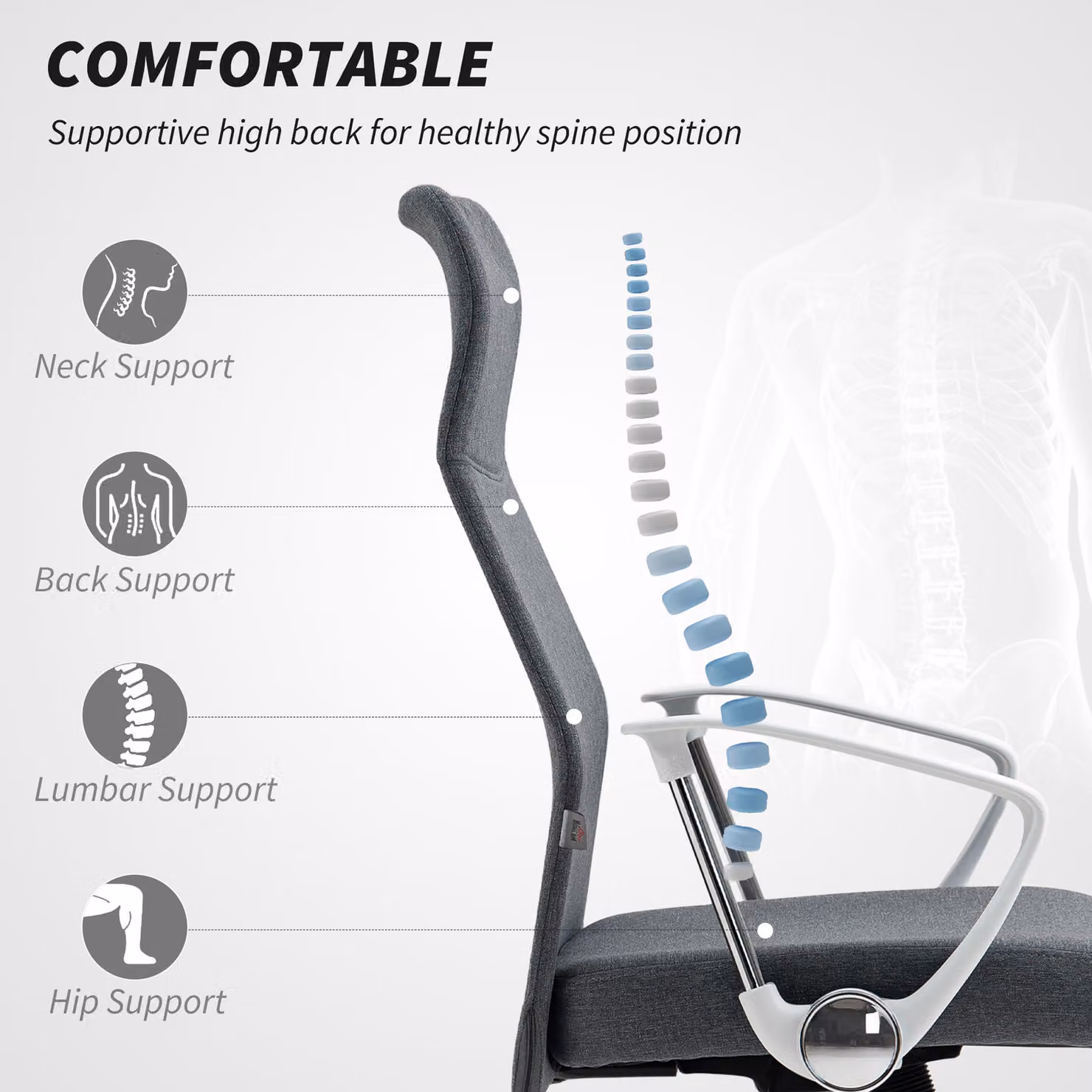 HOMCOM Grey Fabric High Back Office Chair with Adjustable Height and Armrests – 4