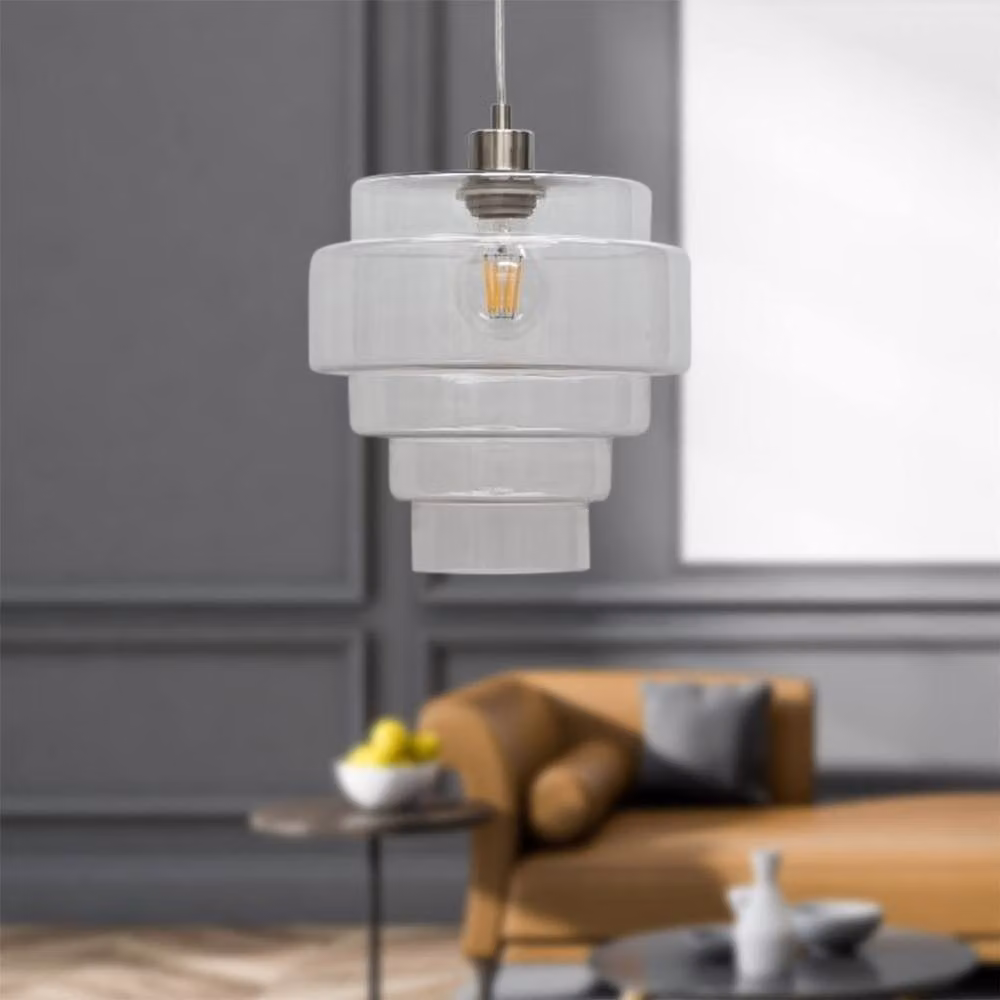 First Choice Lighting Benson 5 Tier Transparent Glass and Silver Metal Ceiling Pendant Light, Height Adjustable – 2
