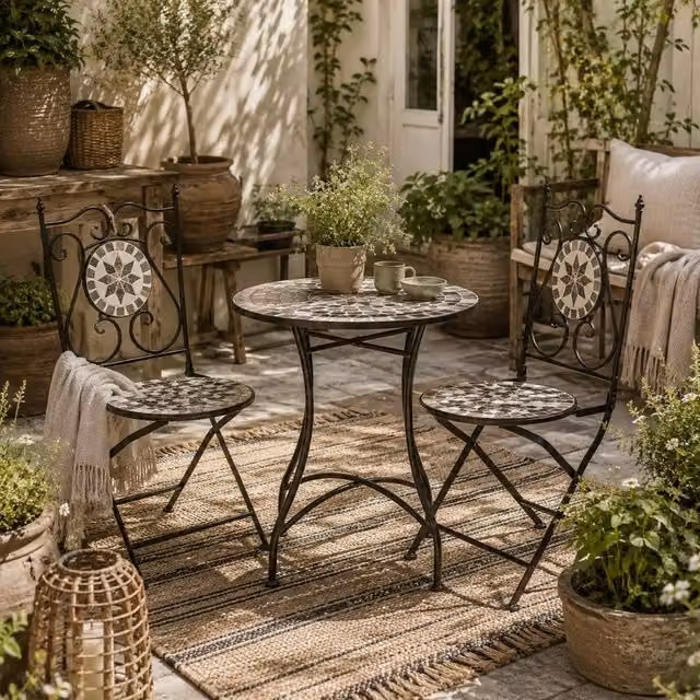 Wyld Haus Lilera 3 Piece Grey Mosaic Tile Bistro Set with Folding Metal Chairs – 1