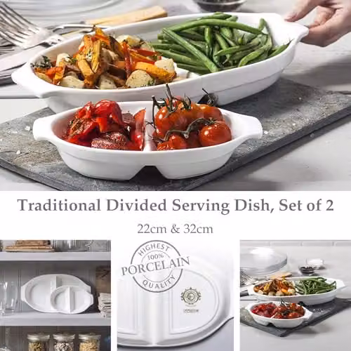 WM Bartleet & Sons 1750 White Porcelain Divided Serving Dish Set of 2 – 2