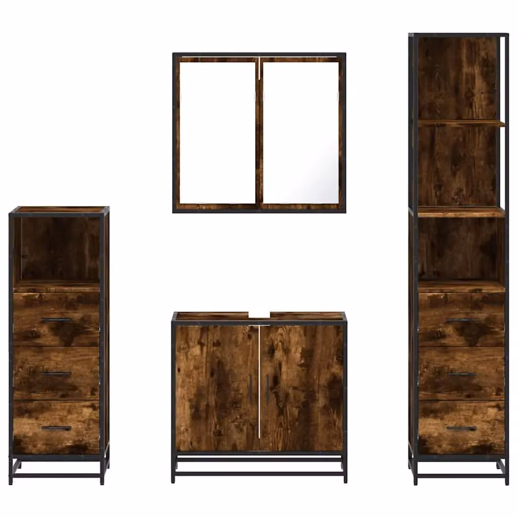 Berkfield Home 4-Piece Industrial Bathroom Furniture Set in Smoked Oak and Brown – 4