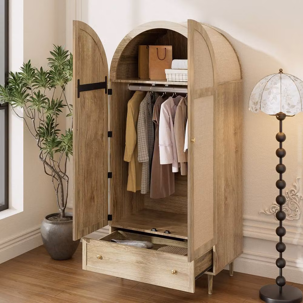 Merax Retro Arched Wardrobe in Brown with Fabric Doors and Drawers, H 175 x W 79 x D 50 cm – 2