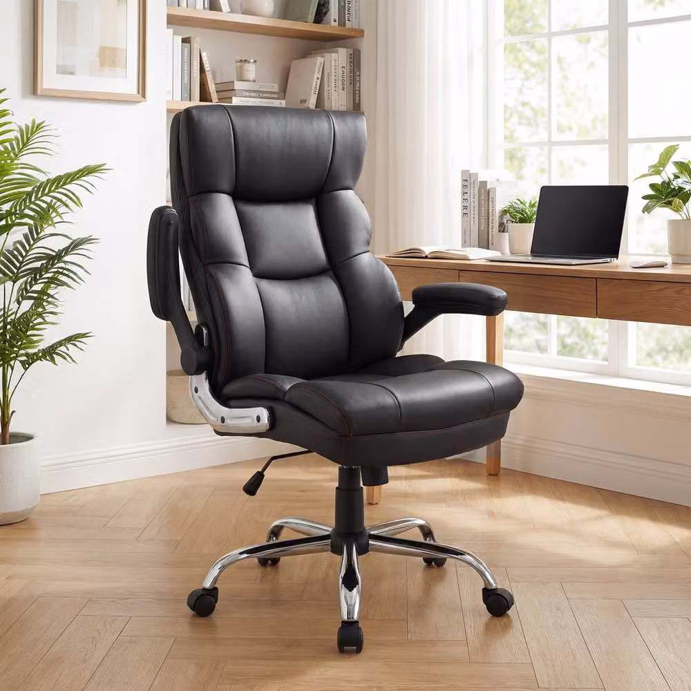Gymax Ergonomic PU Leather Office Chair in Black with Armrests and 360 Degree Swivel – 3