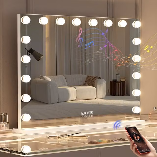 VANITII Mary Hollywood Bluetooth Vanity Makeup Mirror with 18 Dimmable LED Bulbs, White Metal