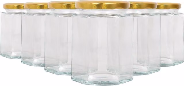 Argon Tableware Hexagonal Glass Jam Jars with Gold Screw-Top Metal Lids, 250ml, Pack of 6