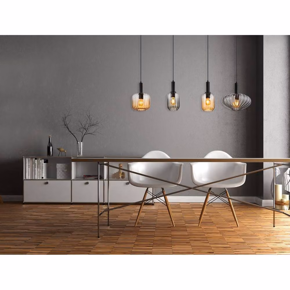 Netlighting Valletta Bar Pendant Ceiling Light in Matt Black with Glass Shades, 4x E27, Height Adjustable – 4
