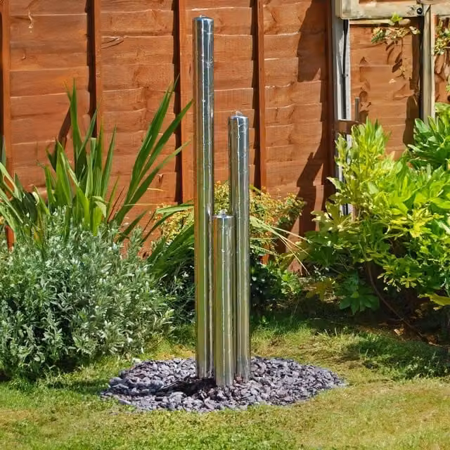Primrose Extra Large Three Tier Cascade Water Feature with Lights in Metallic Silver, Height: 167 cm – 1