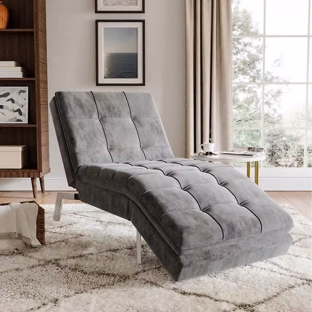 Livingandhome Modern Grey Fabric Microfibre Upholstered Chaise Lounge Chair with Adjustable Headrest