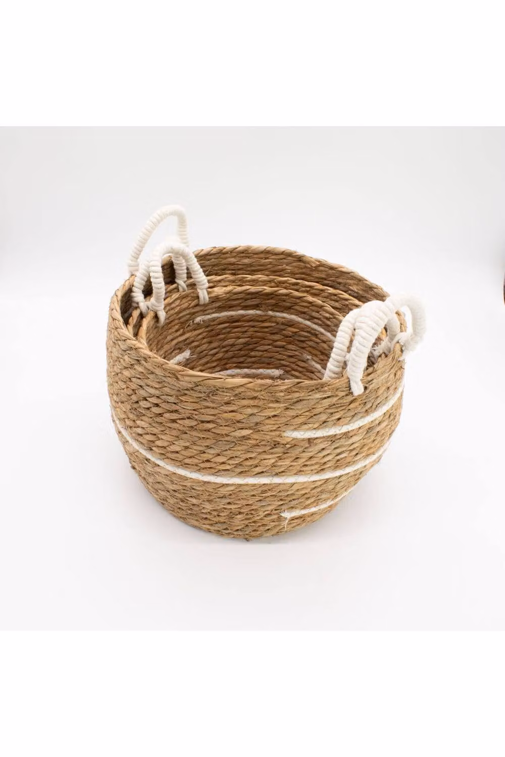 KDMD Set of 3 Brown and White Cotton and Seagrass Large Stripe Open Weave Baskets with Handles – 2