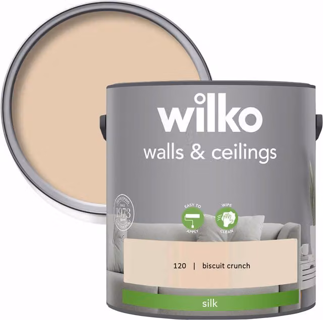 wilko Walls and Ceilings Silk Emulsion Paint in Biscuit Crunch Beige, 2.5 l