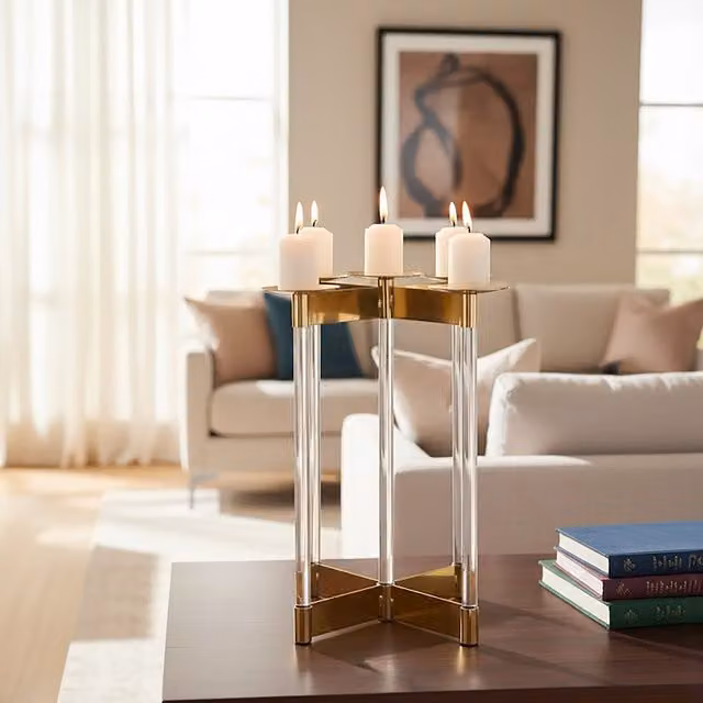 Orsina Lucita Gold Metal Tabletop Candelabra for Taper and Pillar Candles